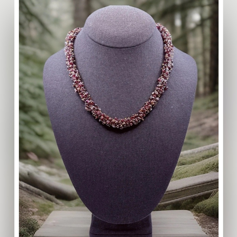 Vintage Red Garnet Necklace Gold Tone Accents Woven 87.6 Grams 1/2” Wide 16”